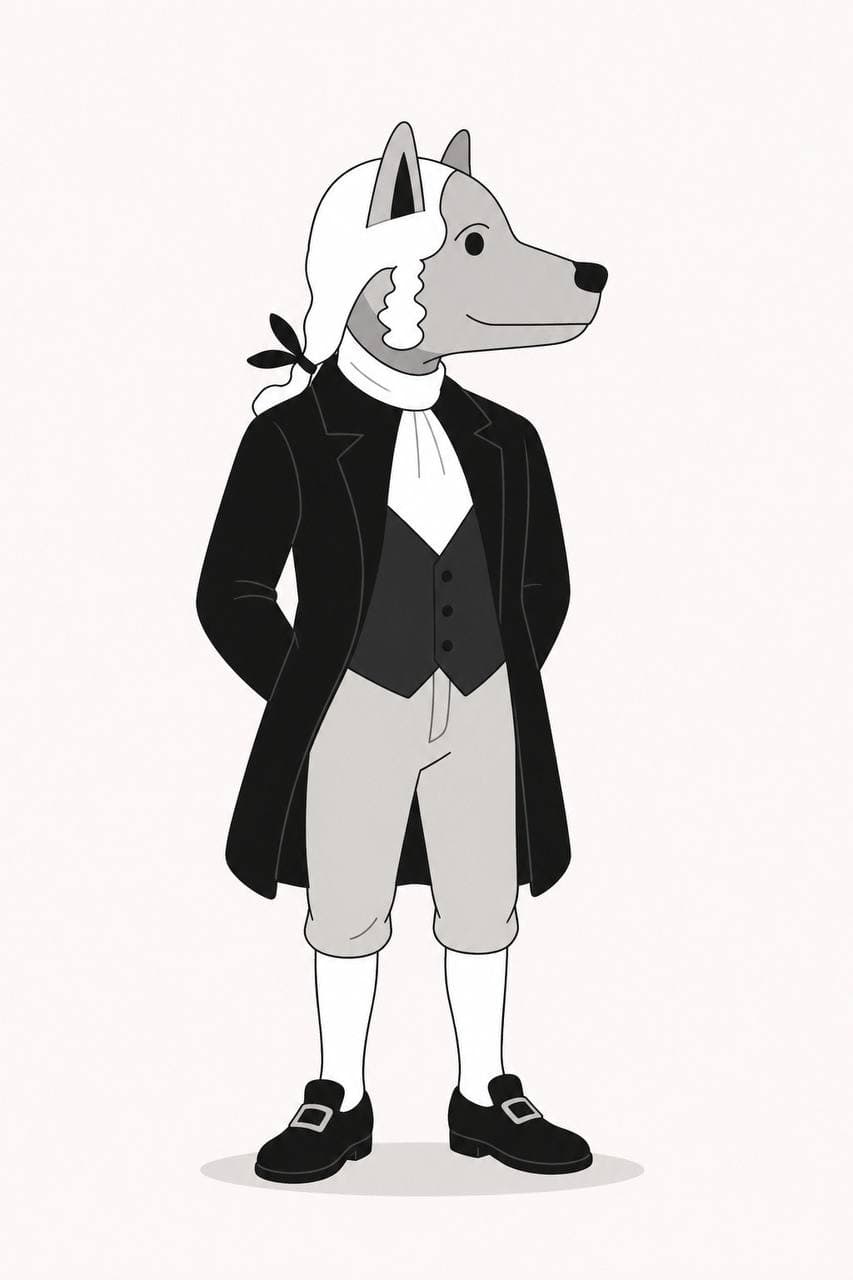 John Dog standing full length in colonial dress, black coat, breeches, buckled shoes.