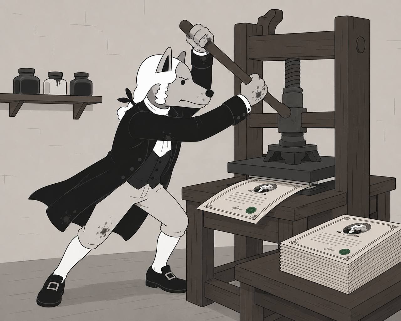 John Dog hauling the lever of a wooden printing press, ink on his coat, printed documents stacked beside him.