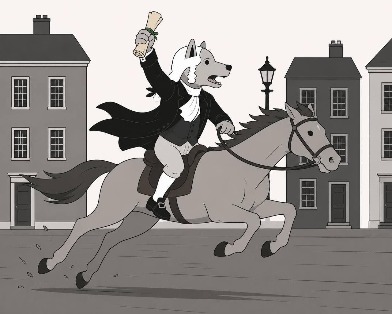 John Dog at full gallop through a colonial street, holding a rolled document above his head.