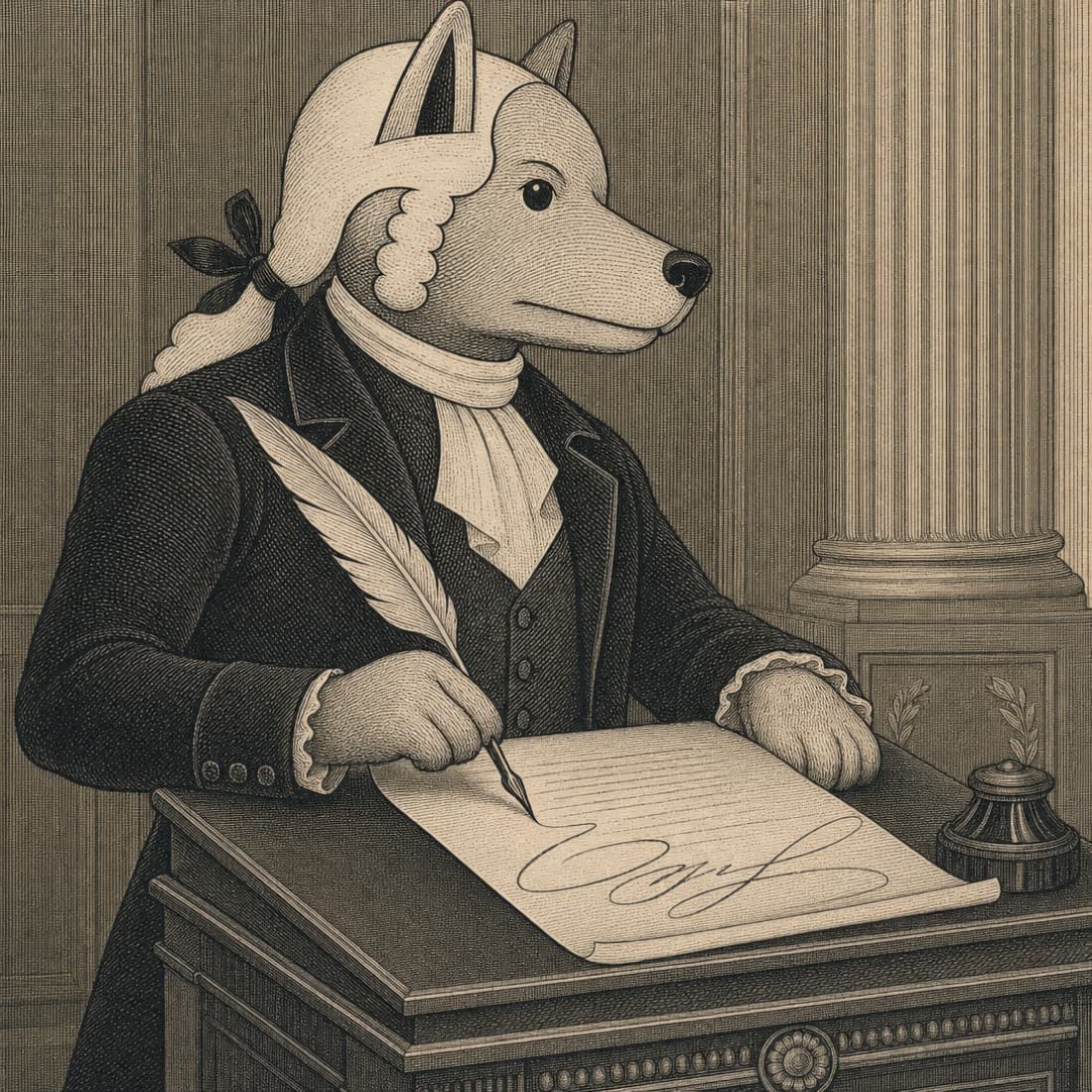 John Dog signing a document with a quill at a tall clerk's desk.