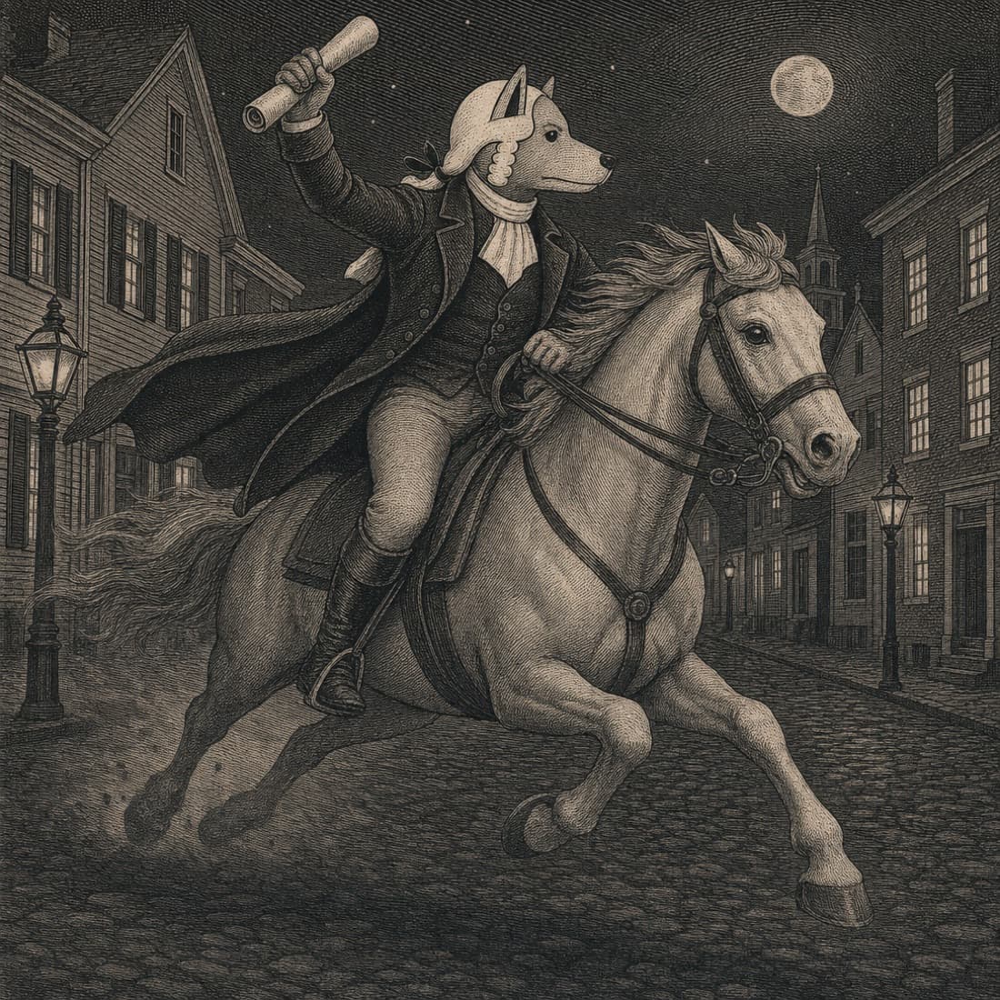 John Dog at full gallop through a colonial street at night, a rolled document raised overhead.