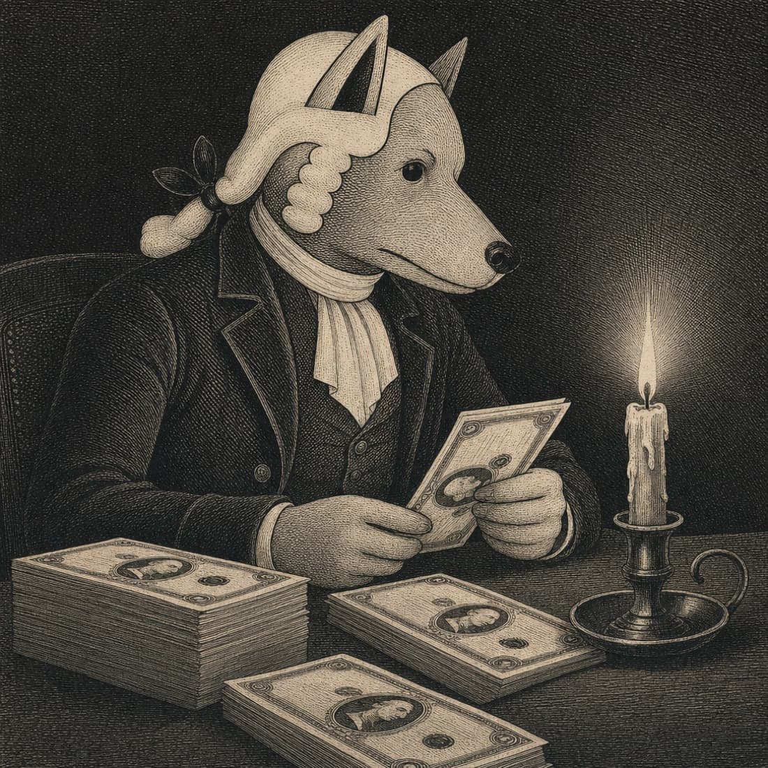 John Dog counting a stack of freshly printed notes by a single candle.