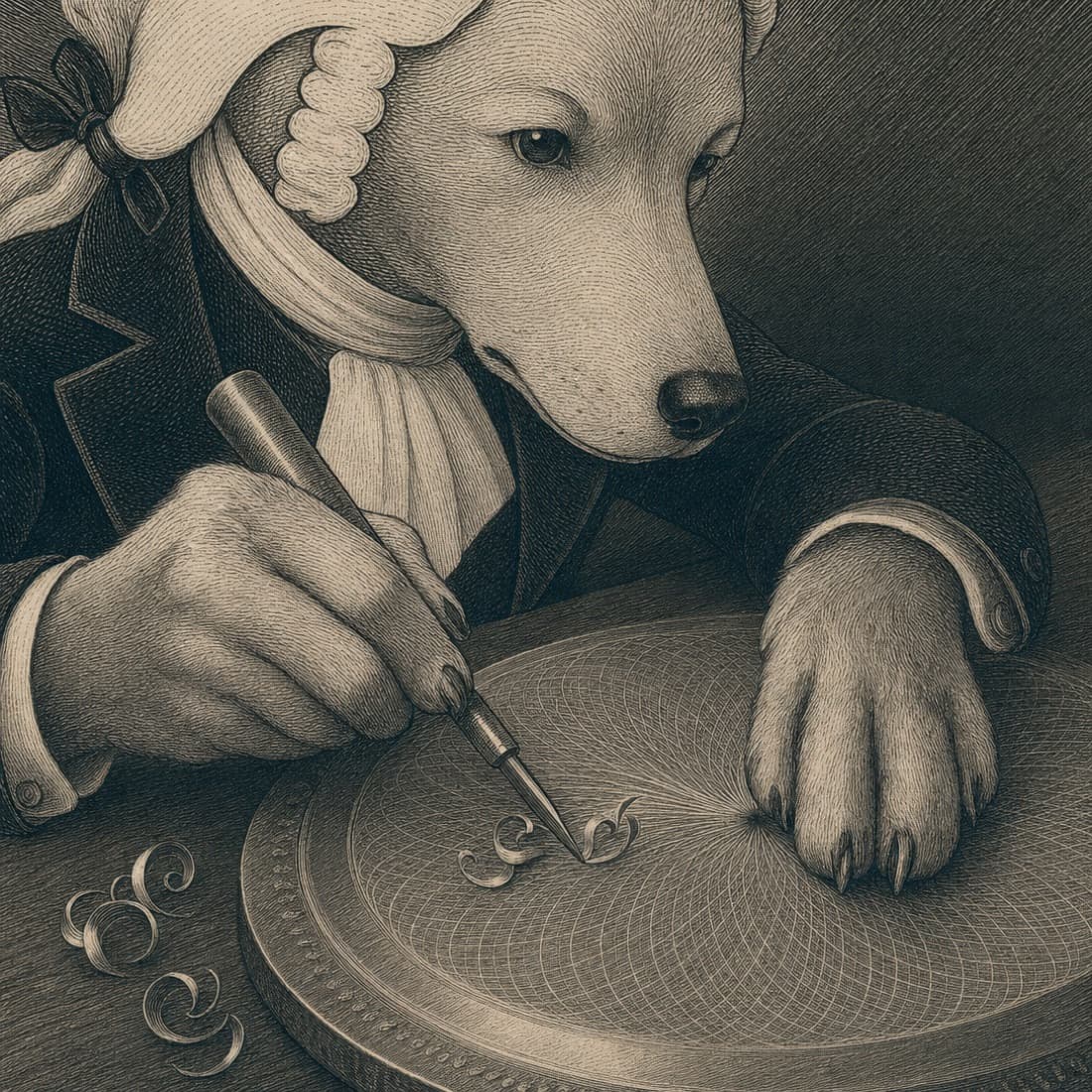 Close view of John Dog's hands cutting a rosette into a copper plate with a burin.