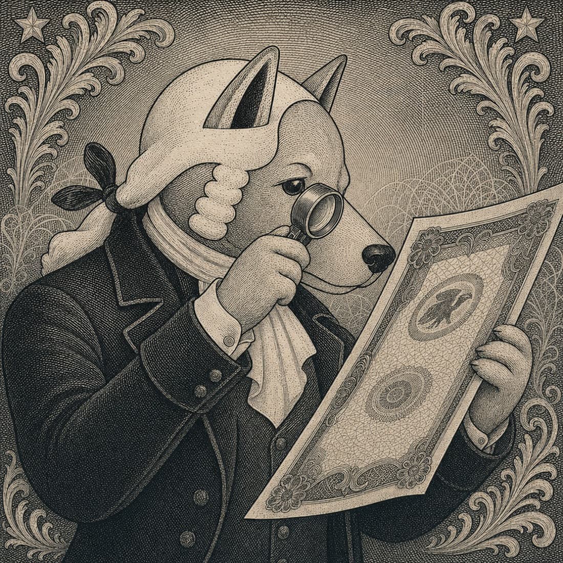 John Dog examining a bond through a jeweller's loupe.