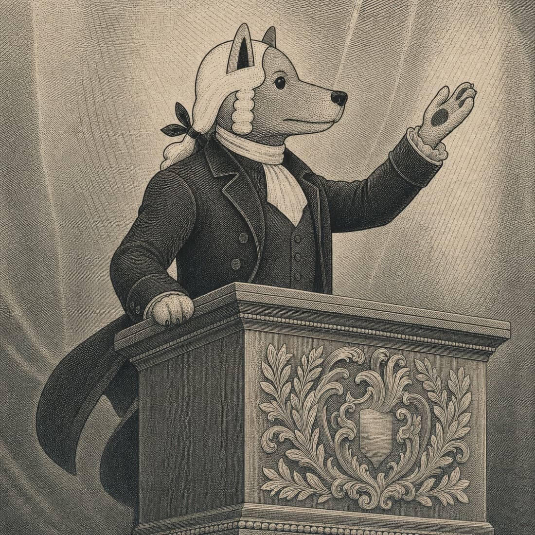 John Dog speaking from behind a lectern, one paw raised mid-point.