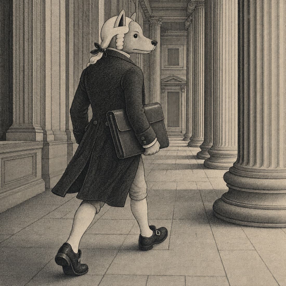 John Dog walking down a treasury colonnade with a document case under one arm.