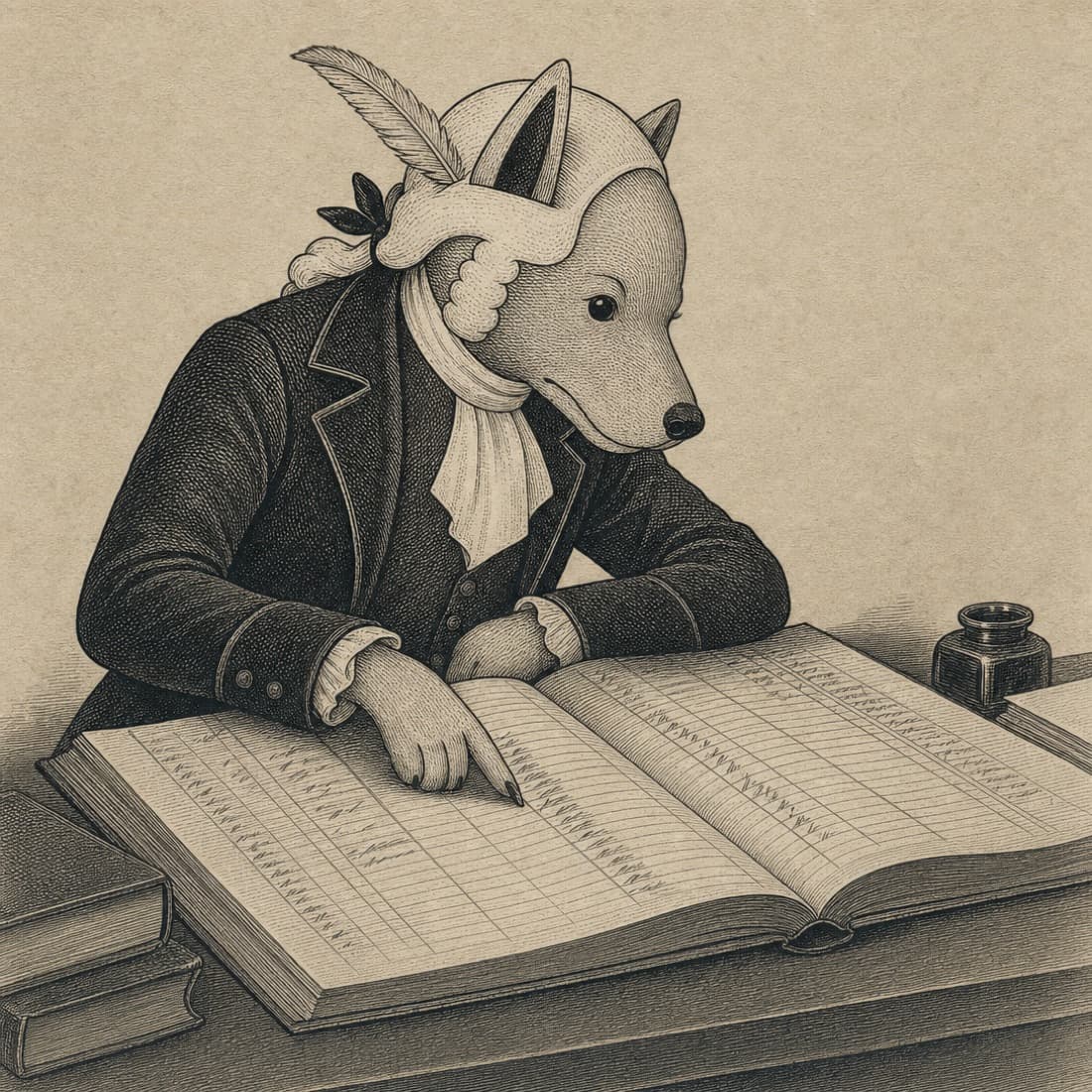John Dog tracing a line of entries in a vast open ledger, quill behind his ear.
