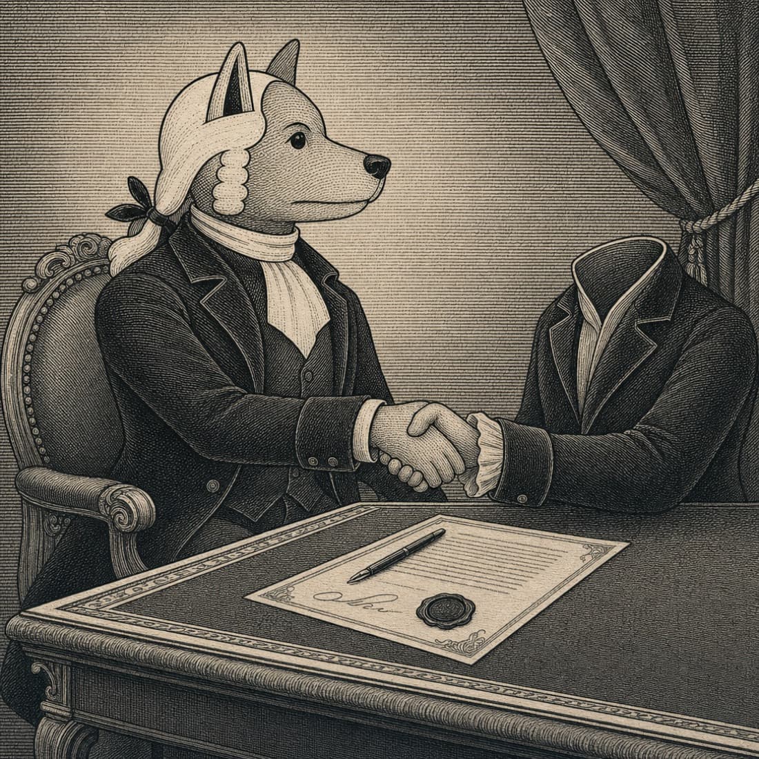 John Dog shaking hands with an empty coat sleeve over a signed and sealed contract.