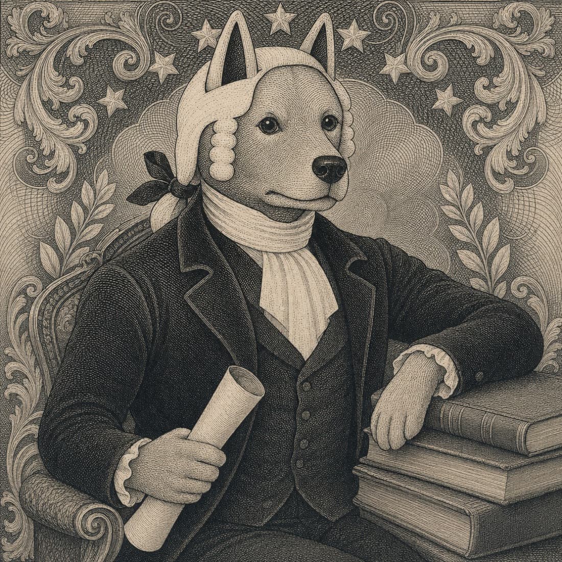 Formal seated portrait of John Dog, one arm resting on bound ledgers.