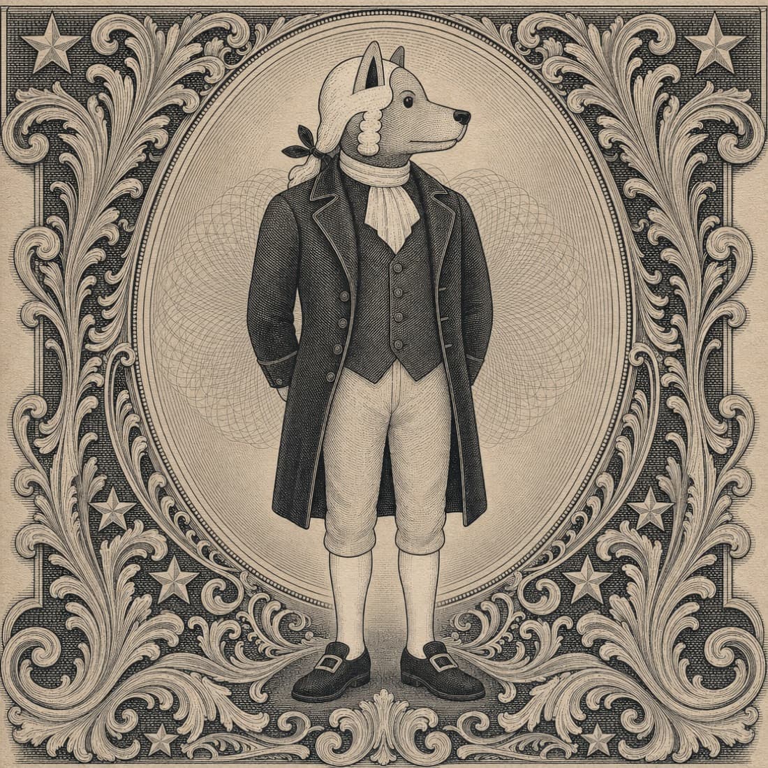John Dog standing full length, square to the plate, in a formal certificate portrait.