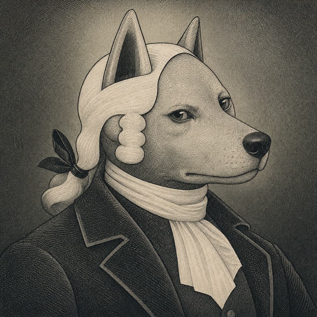 Close portrait of John Dog with his head lowered and eyes raised, sceptical.
