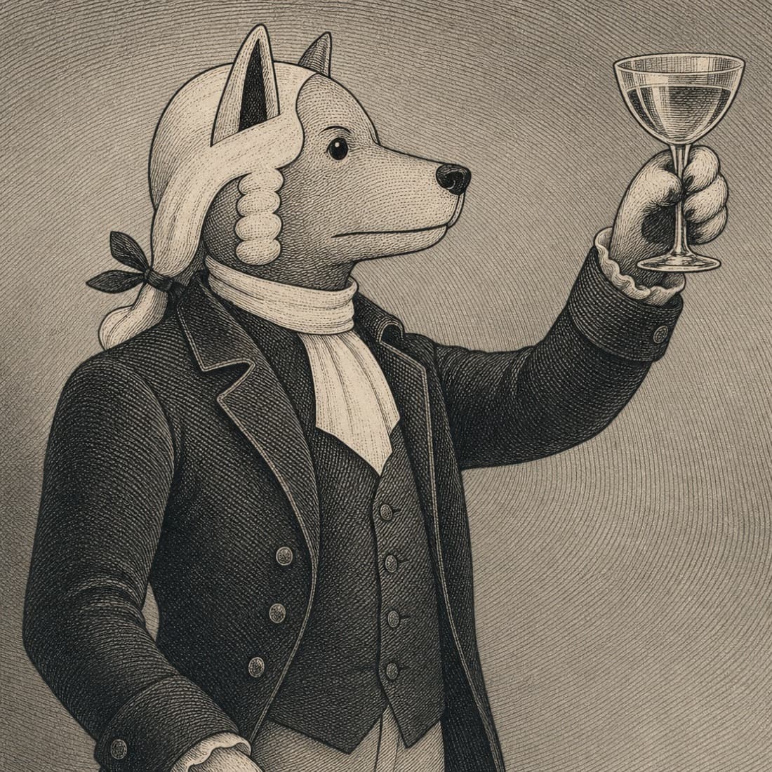 John Dog raising a glass in a solitary toast.